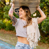 Dancing Bohemian towel on girl shoulder
